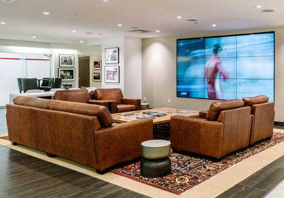 Couches in the HUB in front of the big screen tv
