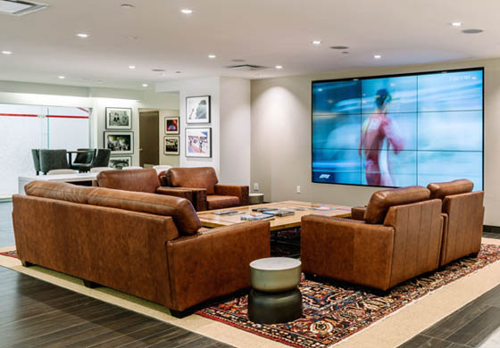 Lounge in the WorkHUB at the Adelaide Club, with the big tv in the background