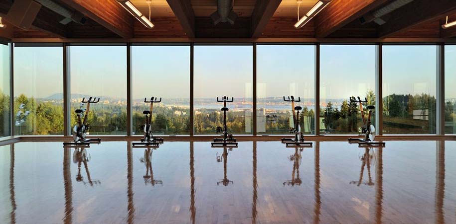 Stationary bike studio situated high above the city and water at West Vancouver's Hollyburn Country Club in British Columbia