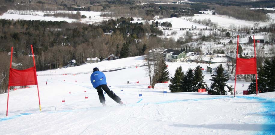 Skier going down the hill at the Mansfield Ski Club in Mansfield, Ontario