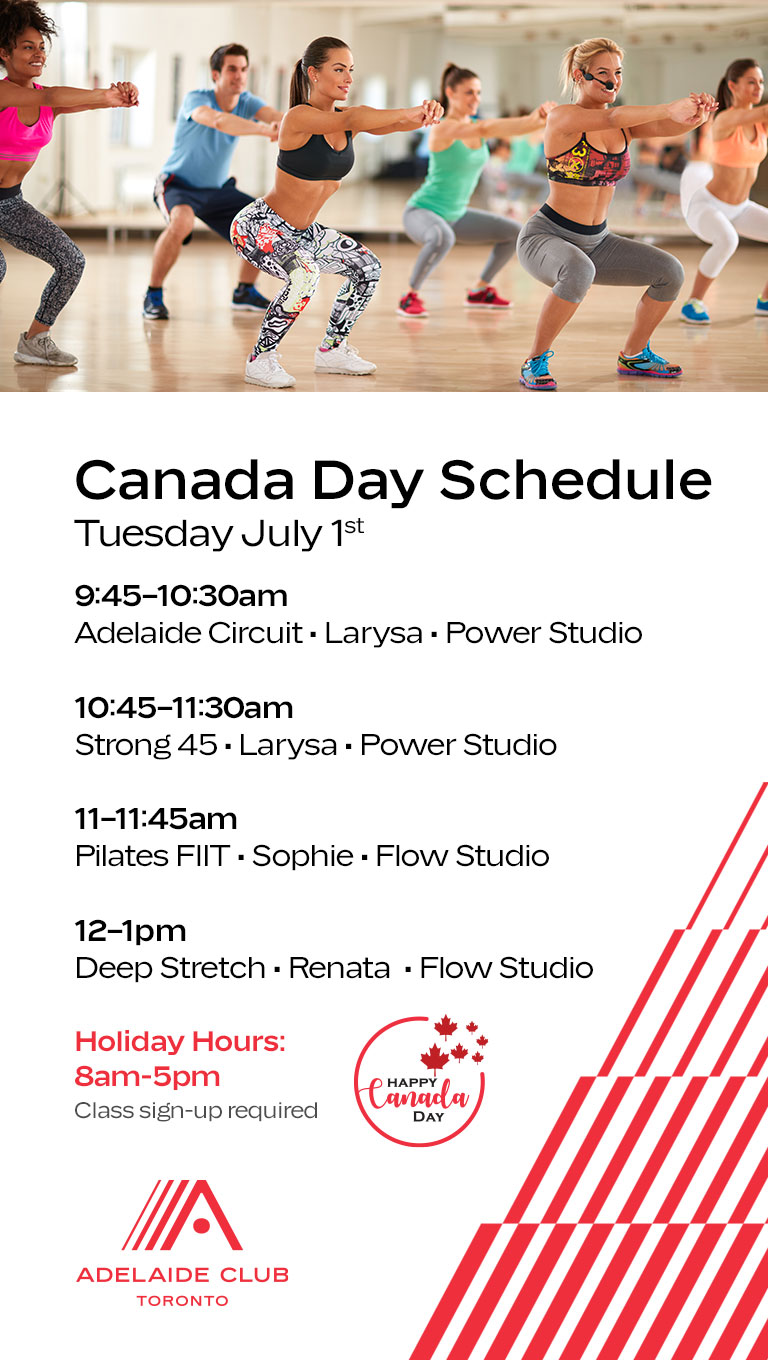 Canada Day group fitness schedule - Tuesday, July 1st